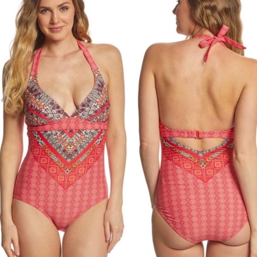 Prana | Lahari Carmine Pink Marrakesh Mixed Print Halter One Piece Swimsuit